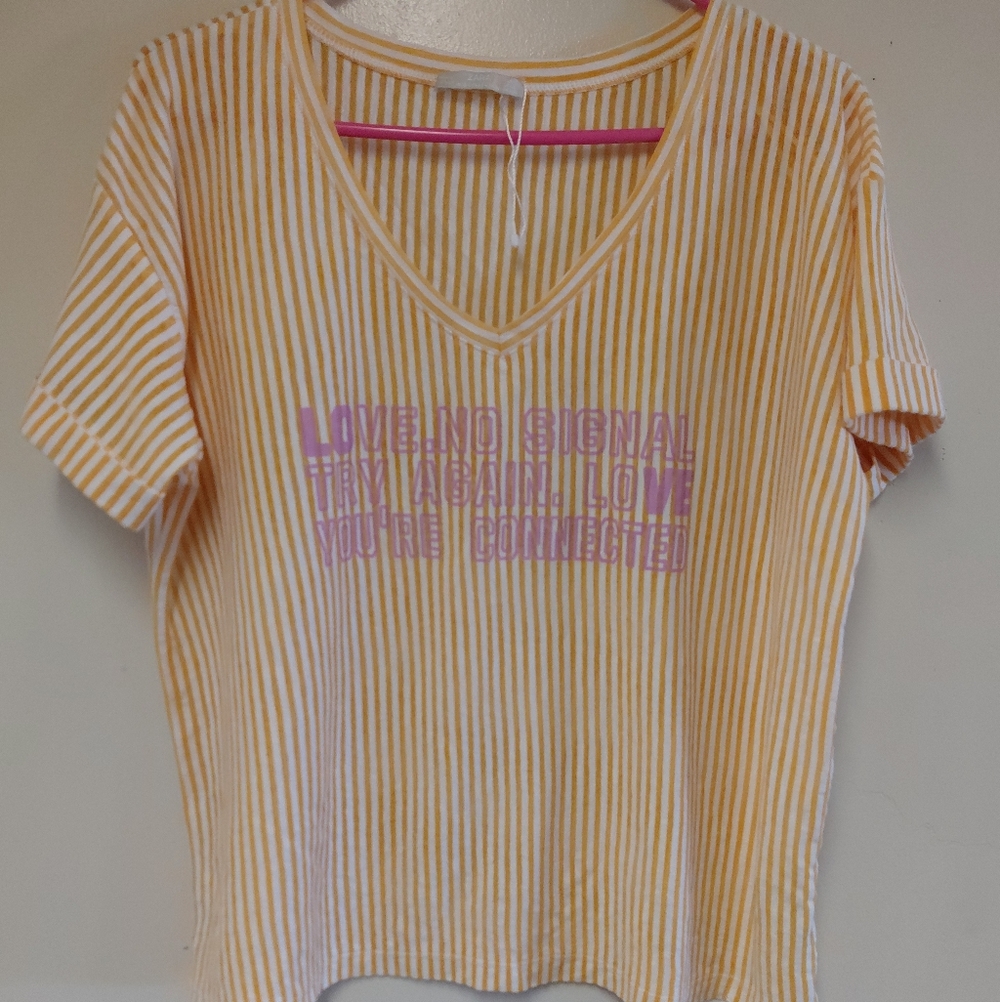 Zara Women's Yellow Striped Cropped Graphic Tee Shirt Size L